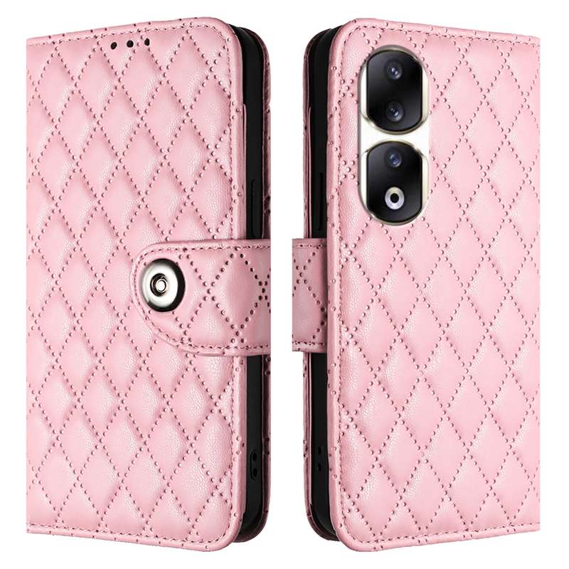For Honor 90 Pro Rhombic Texture Flip Leather Phone Case with Lanyard(Pink)