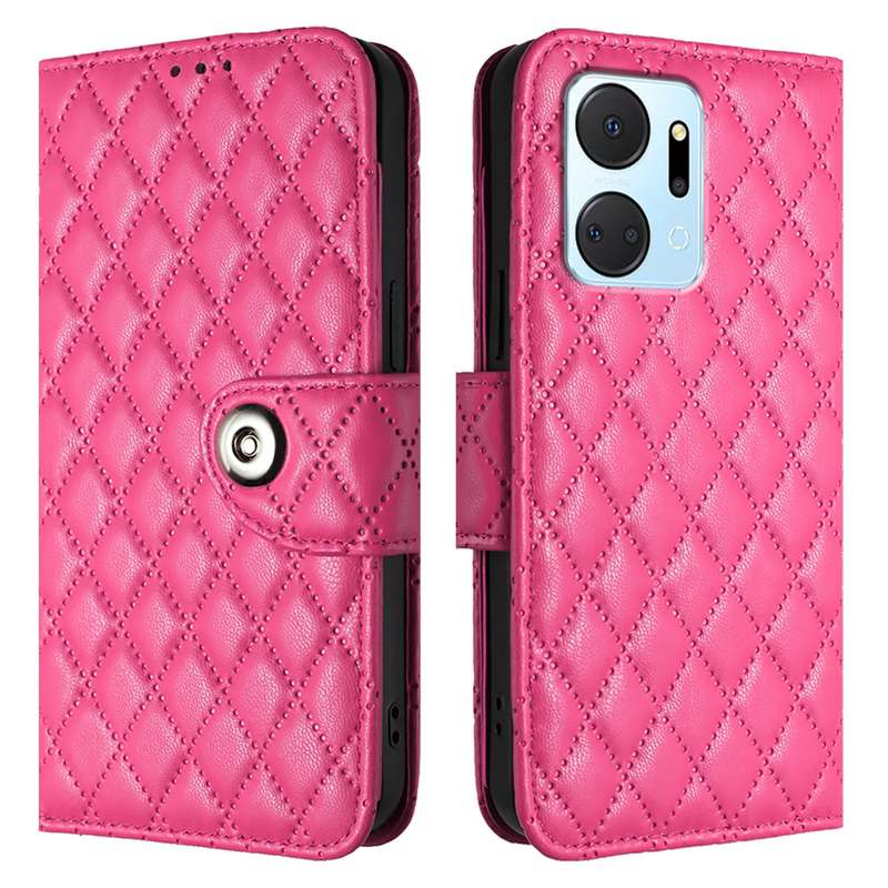 For Honor X7a / Play7T Rhombic Texture Flip Leather Phone Case with Lanyard(Rose Red)