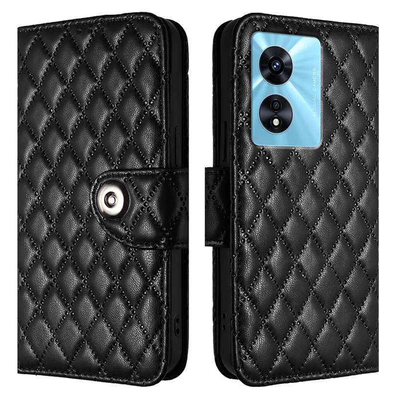 For OnePlus Nord N300 Rhombic Texture Flip Leather Phone Case with Lanyard(Black)