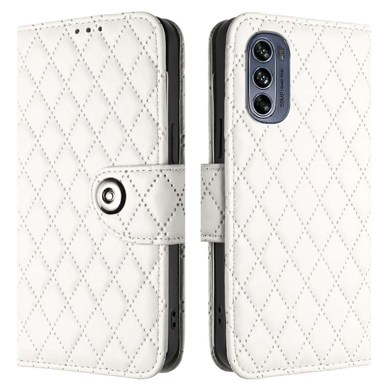 For Motorola Moto G62 5G Global / India Rhombic Texture Flip Leather Phone Case with Lanyard(Wh