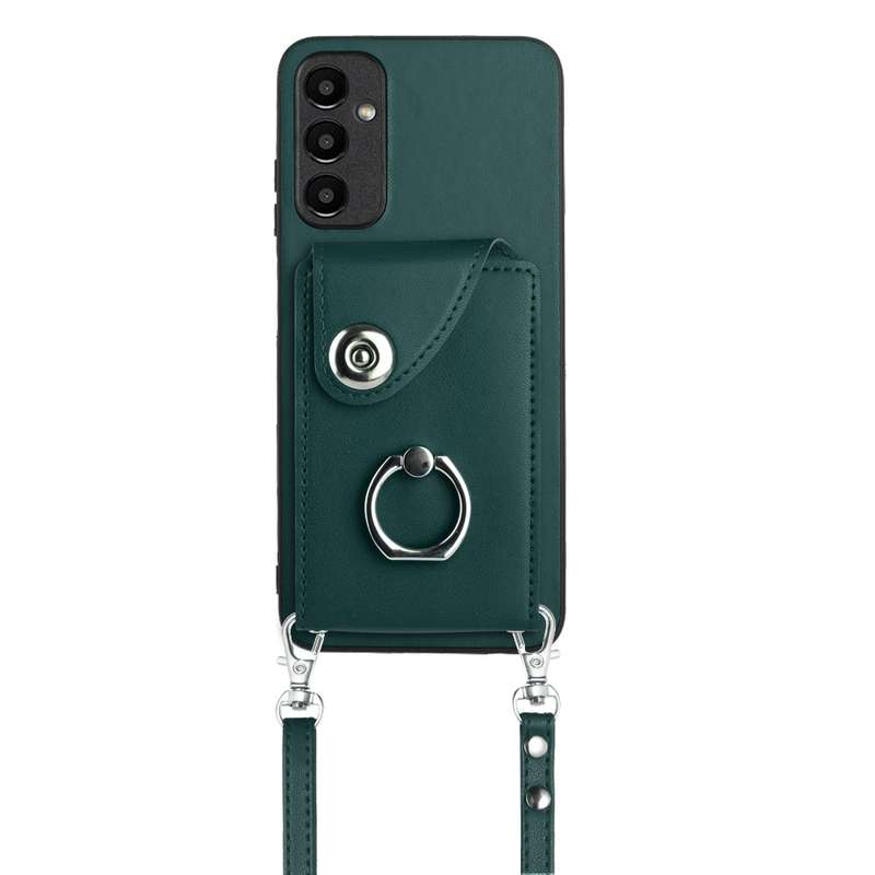 For Samsung Galaxy A15 4G Organ Card Bag Ring Holder Phone Case with Long Lanyard(Green)