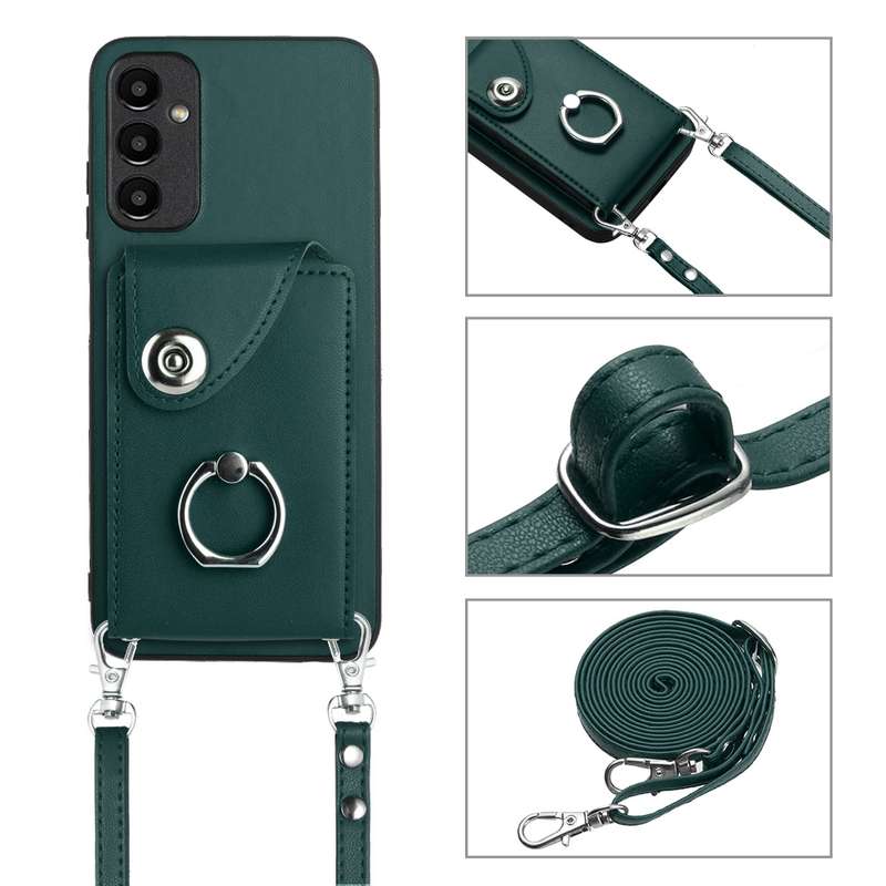 For Samsung Galaxy A15 4G Organ Card Bag Ring Holder Phone Case with Long Lanyard(Green)