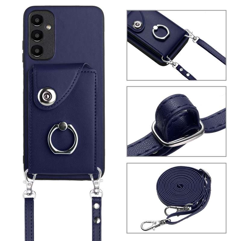 For Samsung Galaxy A14 5G Organ Card Bag Ring Holder Phone Case with Long Lanyard(Blue)