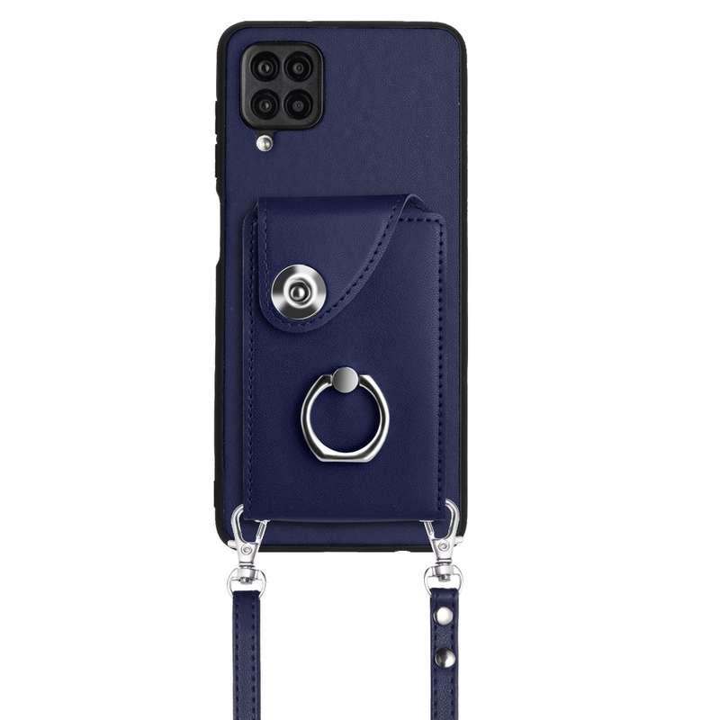 For Samsung Galaxy A12 Organ Card Bag Ring Holder Phone Case with Long Lanyard(Blue)