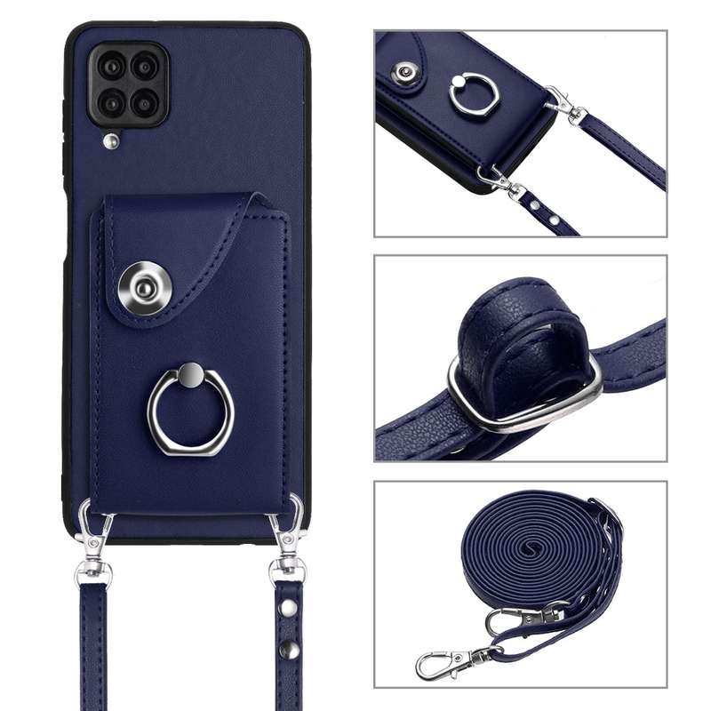 For Samsung Galaxy A12 Organ Card Bag Ring Holder Phone Case with Long Lanyard(Blue)