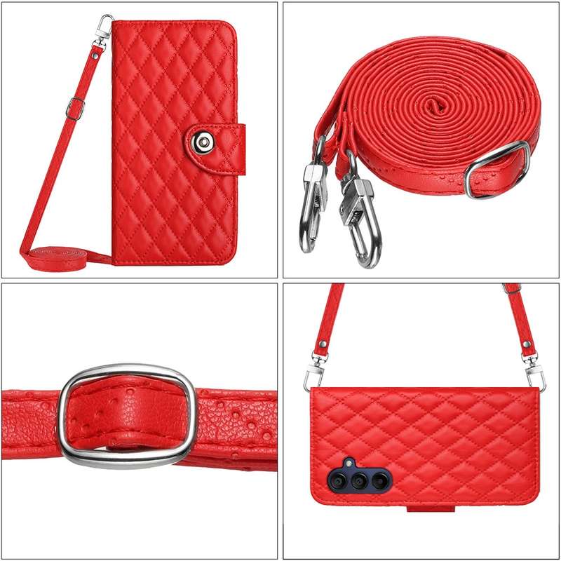 For Samsung Galaxy A05s Rhombic Texture Flip Leather Phone Case with Long Lanyard(Red)