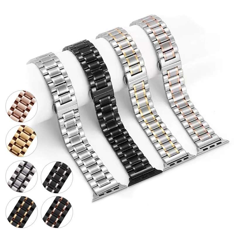 For Apple Watch Series 9 45mm Five-Beads Stainless Steel Watch Band(Silver Gold)