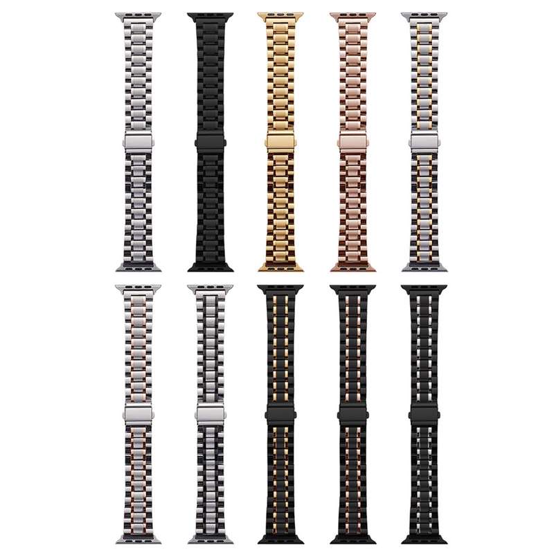 For Apple Watch Series 9 45mm Five-Beads Stainless Steel Watch Band(Silver Gold)