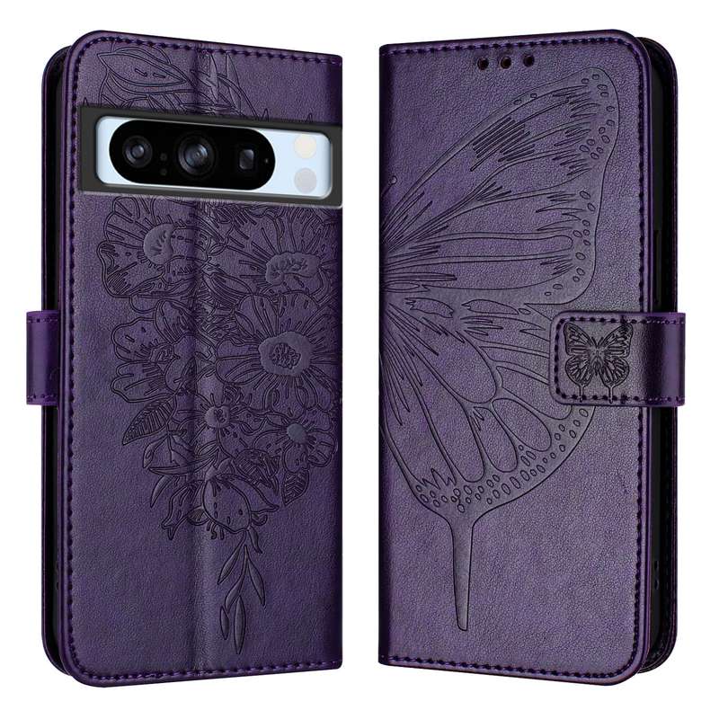 For Google Pixel 8 Pro Embossed Butterfly Leather Phone Case(Dark Purple)