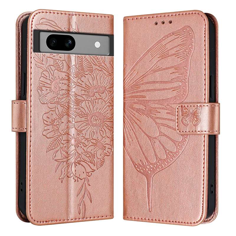 For Google Pixel 7a Embossed Butterfly Leather Phone Case(Rose Gold)