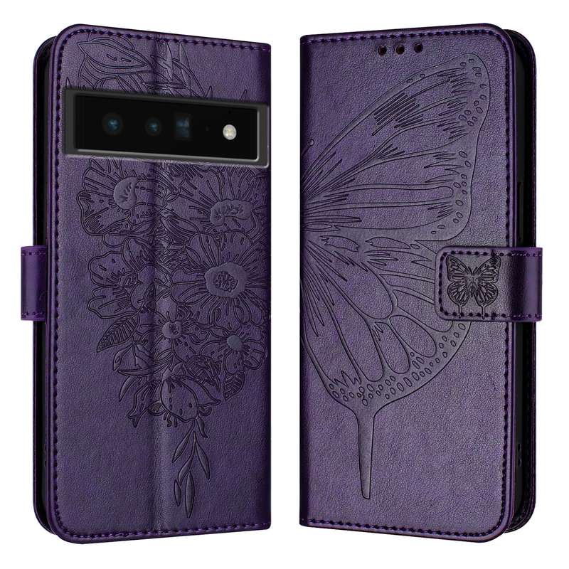 For Google Pixel 6 Pro Embossed Butterfly Leather Phone Case(Dark Purple)
