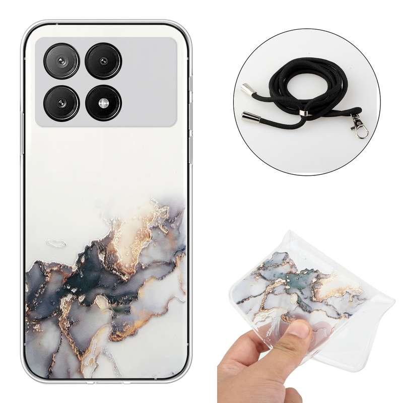 For Xiaomi Redmi K70E / Poco X6 Pro 5G Hollow Marble Pattern TPU Phone Case with Neck Strap Rop