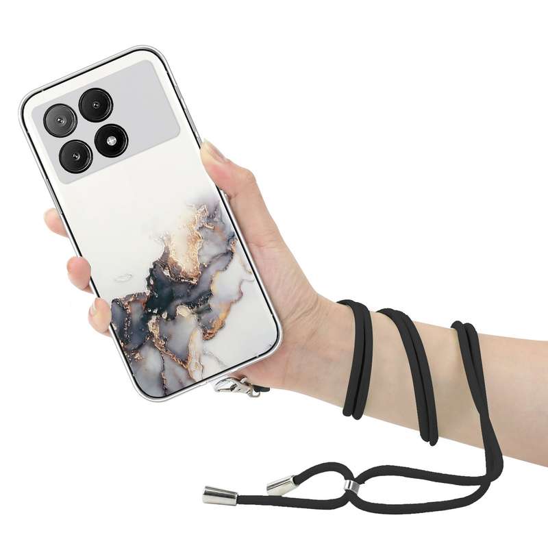For Xiaomi Redmi K70E / Poco X6 Pro 5G Hollow Marble Pattern TPU Phone Case with Neck Strap Rop
