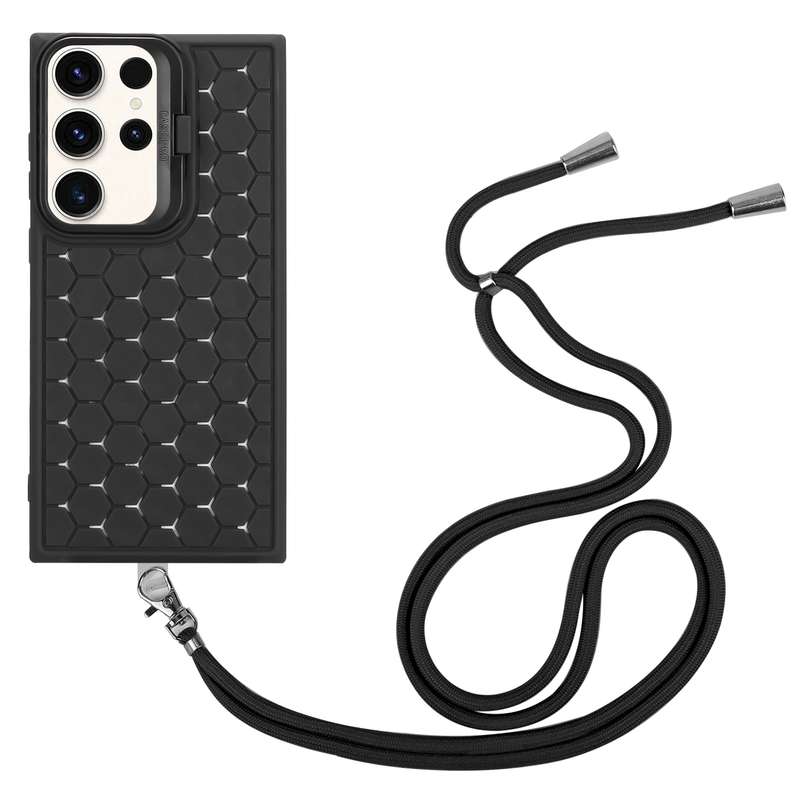 For Samsung Galaxy S24 Ultra 5G Honeycomb Radiating Lens Holder Magsafe Phone Case with Lanyard