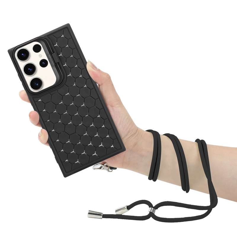 For Samsung Galaxy S24 Ultra 5G Honeycomb Radiating Lens Holder Magsafe Phone Case with Lanyard