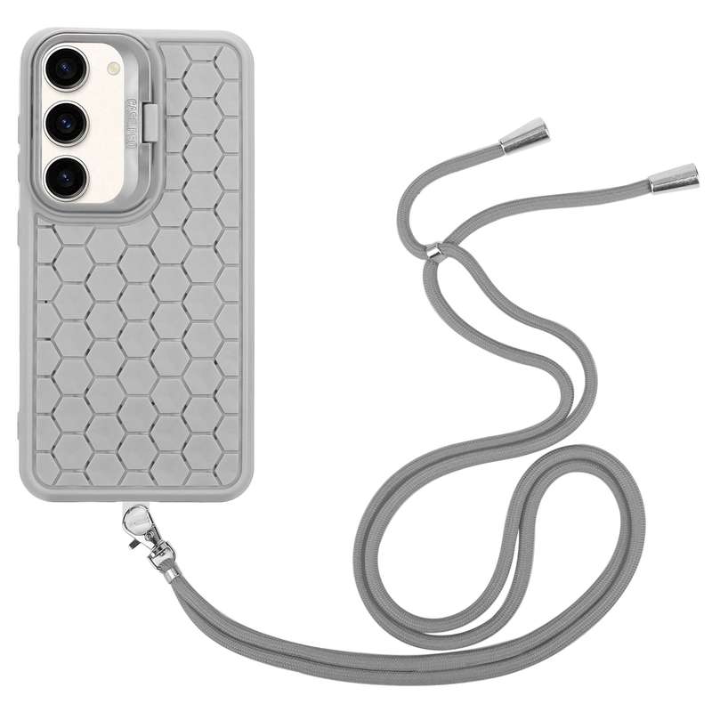 For Samsung Galaxy S23 5G Honeycomb Radiating Lens Holder Magsafe Phone Case with Lanyard(Grey)