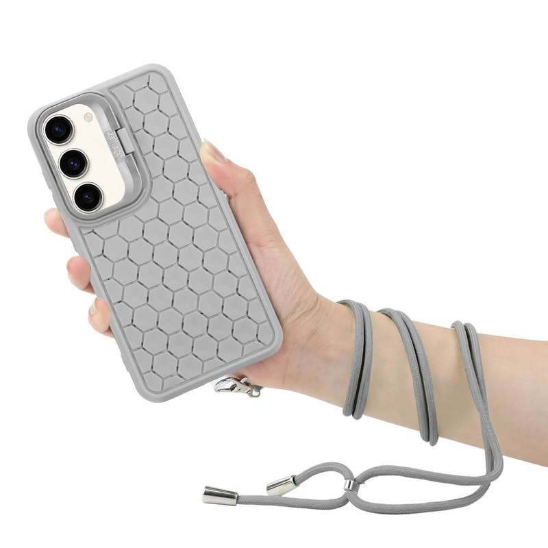 For Samsung Galaxy S23 5G Honeycomb Radiating Lens Holder Magsafe Phone Case with Lanyard(Grey)