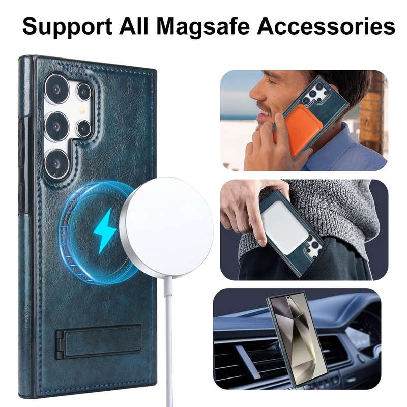 For Samsung Galaxy S24 Ultra 5G Retro Leather Invisible Stand MagSafe Phone Case(Blue)
