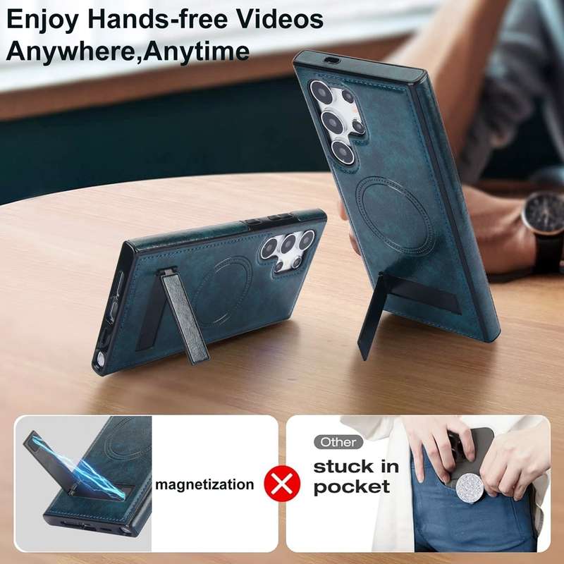 For Samsung Galaxy S24 Ultra 5G Retro Leather Invisible Stand MagSafe Phone Case(Blue)