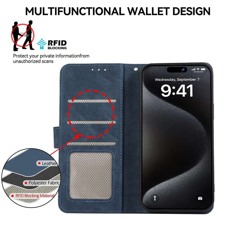 For iPhone 16 Pro Max ABEEL Color Block Magnetic RFID Leather Phone Case(Blue-Brown)