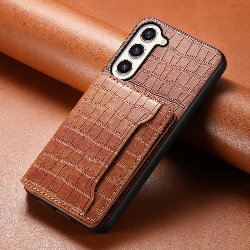 For Samsung Galaxy S23+ 5G Crocodile Texture Card Bag Design Full Coverage Phone Case(Brown)