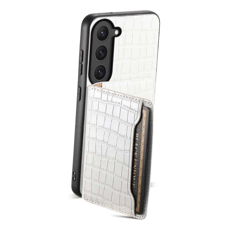 For Samsung Galaxy S23 5G Crocodile Texture Card Bag Design Full Coverage Phone Case(White)