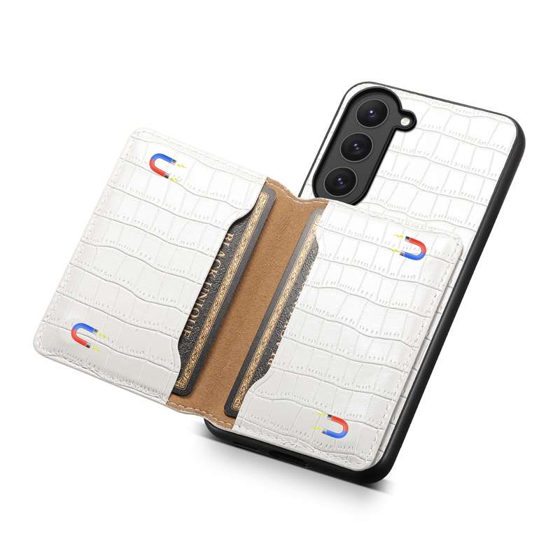 For Samsung Galaxy S23 5G Crocodile Texture Card Bag Design Full Coverage Phone Case(White)