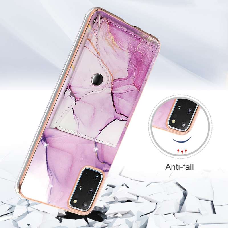 For Samsung Galaxy S20+ Marble Pattern IMD Card Slot Phone Case(Pink Purple Gold)