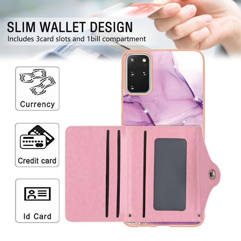 For Samsung Galaxy S20+ Marble Pattern IMD Card Slot Phone Case(Pink Purple Gold)