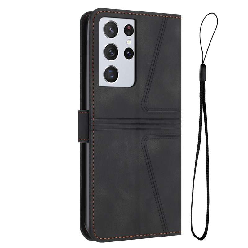 For Samsung Galaxy S21 Ultra 5G Triangle Solid Color Leather Phone Case(Black)