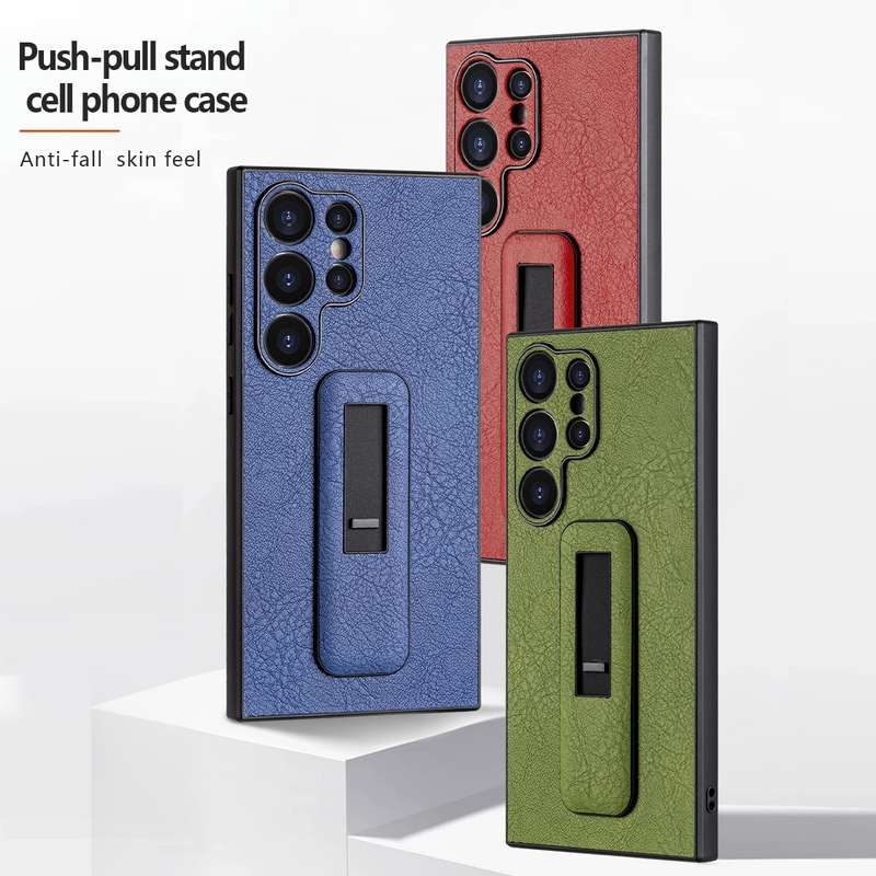 For Samsung Galaxy S22 Ultra 5G PU Leather Push-pull Bracket Shockproof Phone Case(Blue)