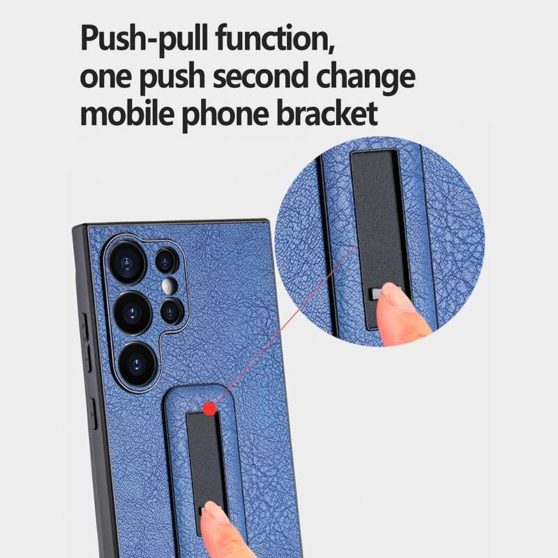 For Samsung Galaxy S22 Ultra 5G PU Leather Push-pull Bracket Shockproof Phone Case(Blue)