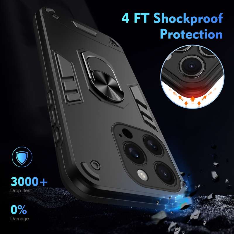 For iPhone 16 Pro Max Shockproof Metal Ring Holder Phone Case(Black)