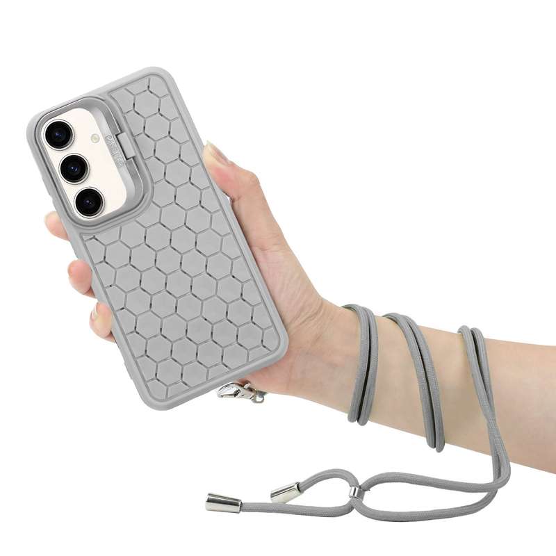 For Samsung Galaxy A25 5G Honeycomb Radiating Holder TPU Phone Case with Lanyard(Grey)
