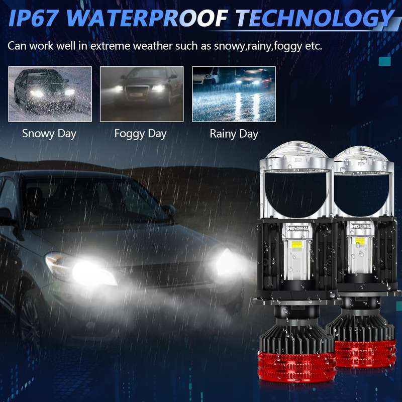 N5 1 Pair H4 Car Double Copper Tube LED Lens Headlight(Gun Color + Red)
