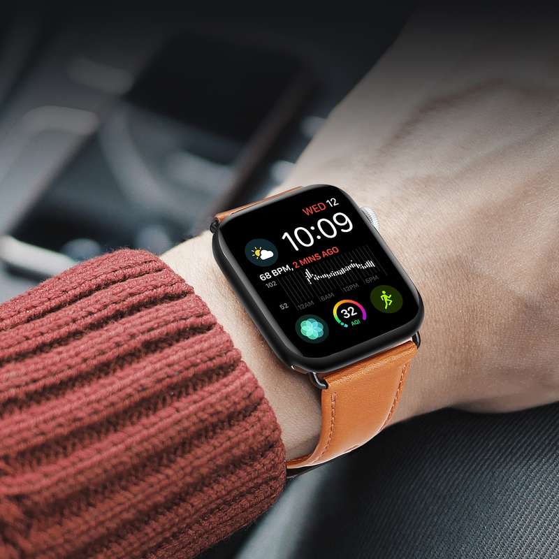 For Apple Watch SE 2022 40mm DUX DUCIS Business Genuine Leather Watch Strap(Khaki)