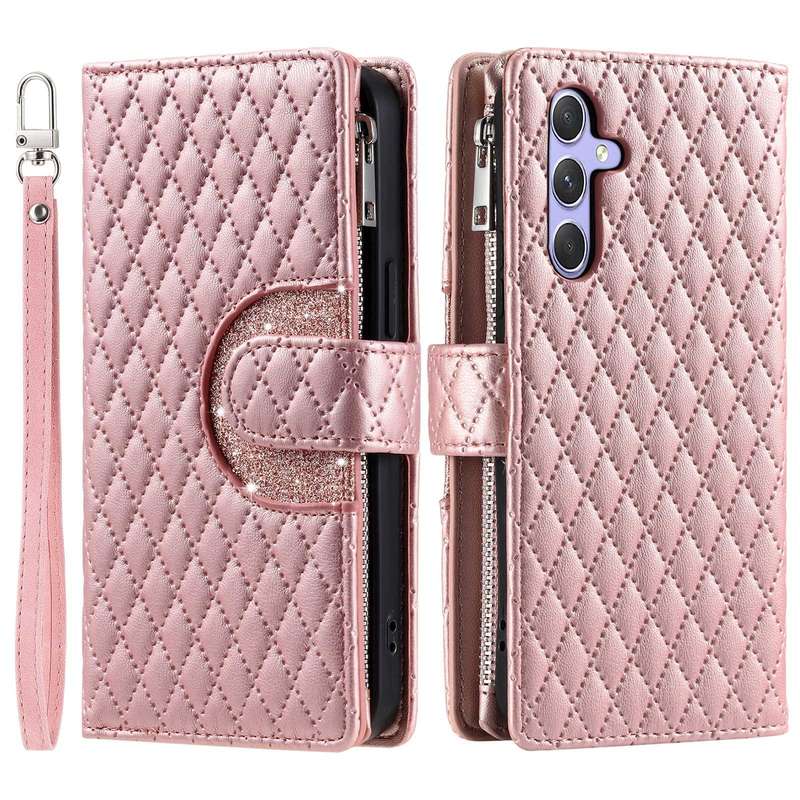 For Samsung Galaxy A05s Glitter Lattice Zipper Wallet Leather Phone Case(Rose Gold)