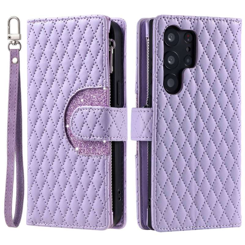 For Samsung Galaxy S23 Ultra 5G Glitter Lattice Zipper Wallet Leather Phone Case(Purple)