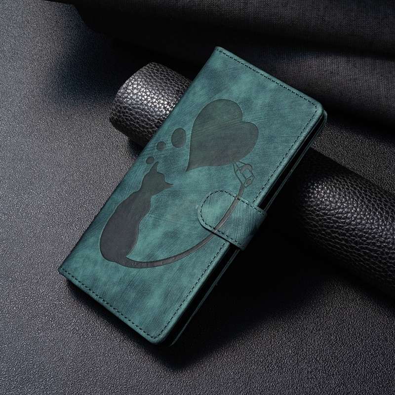 For Xiaomi 13T / 13T Pro Pen Heart Cat Embossed Leather Phone Case(Green)