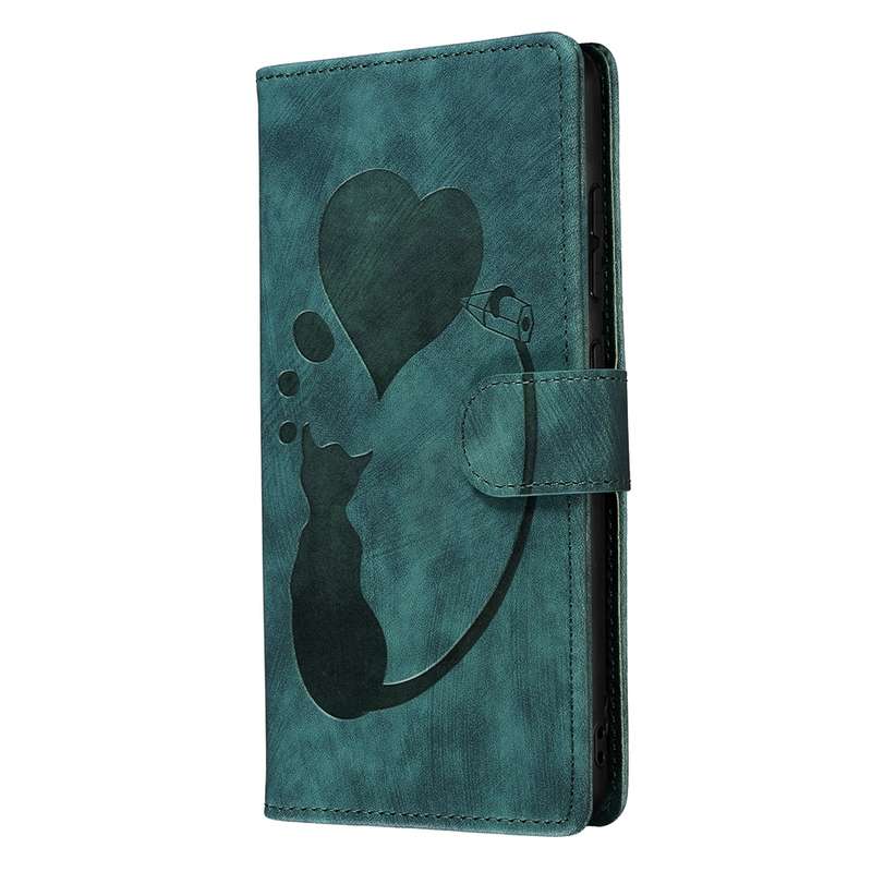 For Xiaomi 13T / 13T Pro Pen Heart Cat Embossed Leather Phone Case(Green)