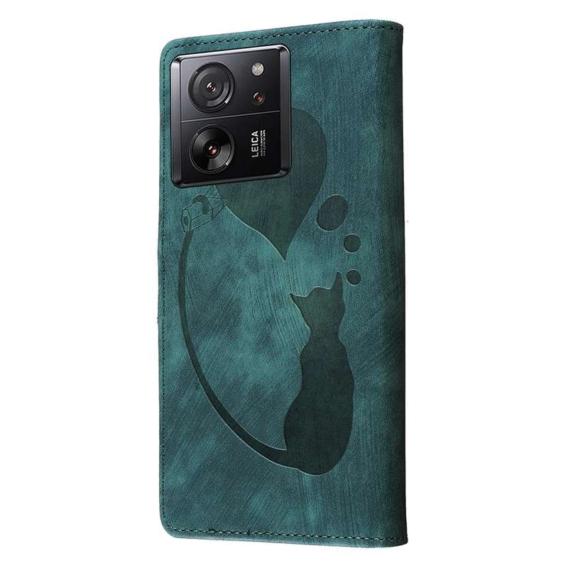 For Xiaomi 13T / 13T Pro Pen Heart Cat Embossed Leather Phone Case(Green)