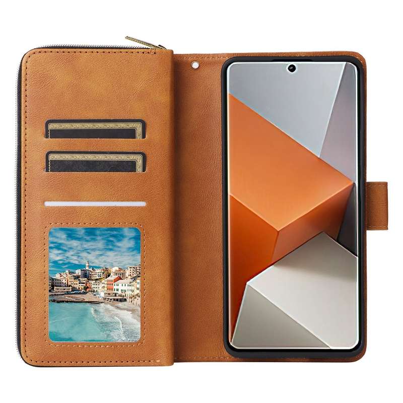 For Xiaomi Redmi Note 13 Pro+ 9 Card Slots Zipper Wallet Bag Leather Phone Case(Brown)
