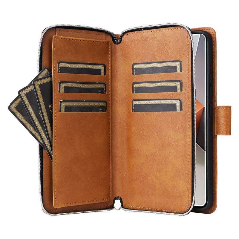 For Xiaomi Redmi Note 13 Pro+ 9 Card Slots Zipper Wallet Bag Leather Phone Case(Brown)