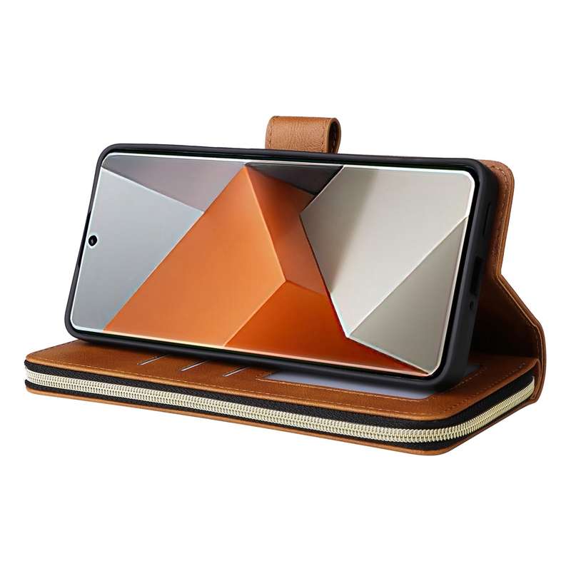 For Xiaomi Redmi Note 13 Pro+ 9 Card Slots Zipper Wallet Bag Leather Phone Case(Brown)