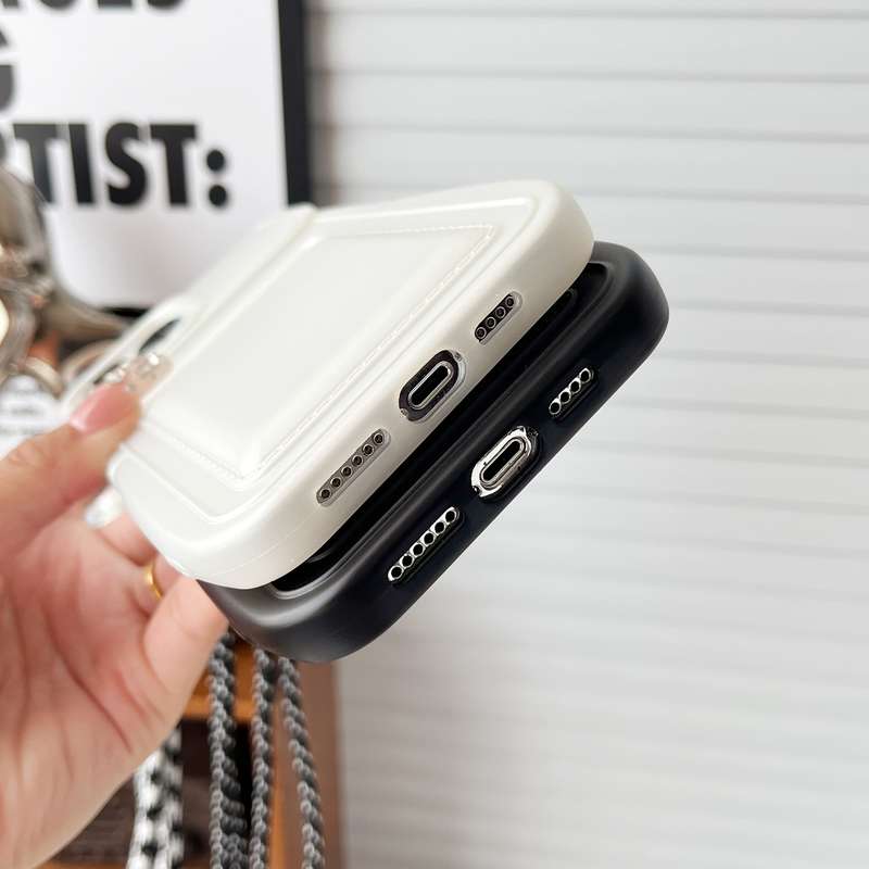 For iPhone 13 Metallic Paint Skin Feel Full Coverage Shockproof Phone Case with Card Bag + Lany