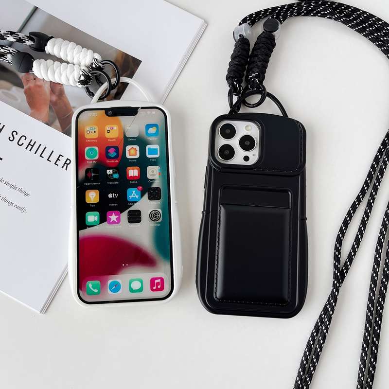 For iPhone 13 Metallic Paint Skin Feel Full Coverage Shockproof Phone Case with Card Bag + Lany