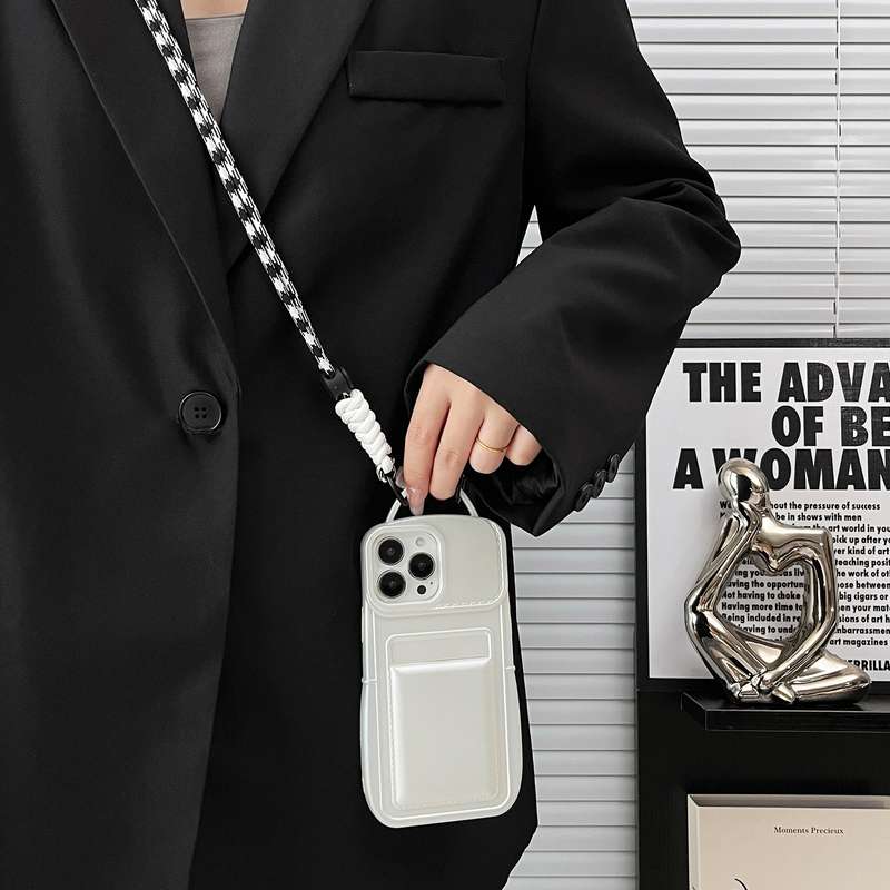 For iPhone 13 Metallic Paint Skin Feel Full Coverage Shockproof Phone Case with Card Bag + Lany