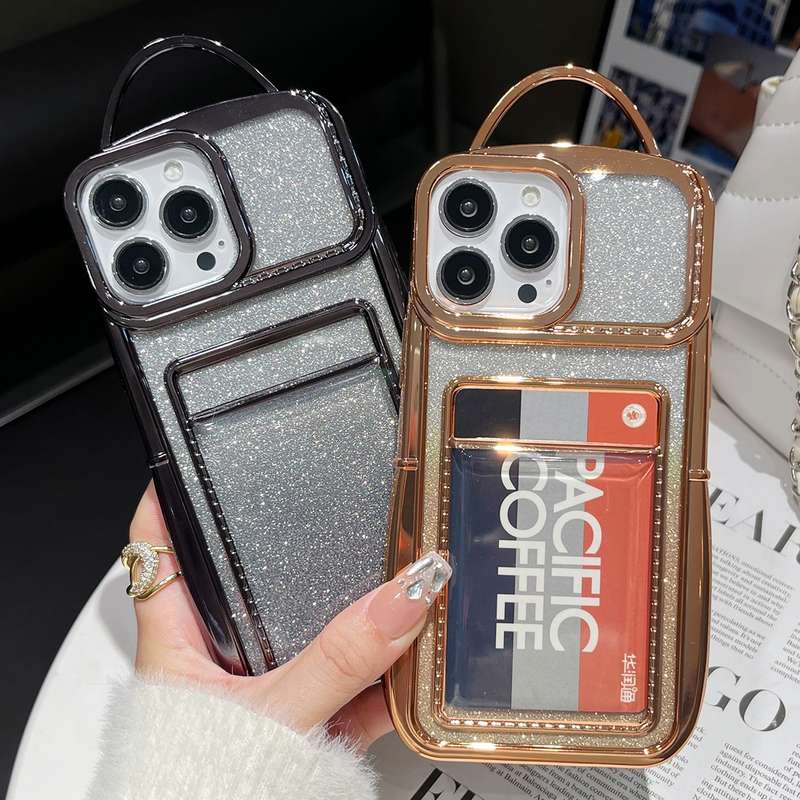 For iPhone 15 Electroplated Card Slot Gradient Glitter Paper TPU Phone Case(Silver)