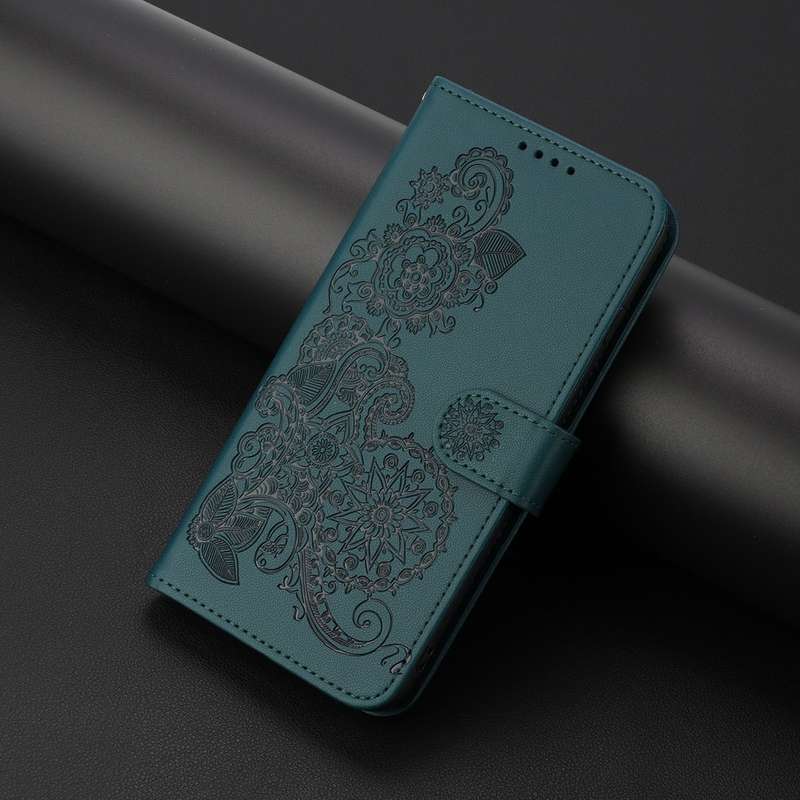 For iPhone 16 Datura Flower Embossed Flip Leather Phone Case(Dark Green)