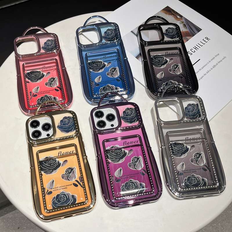 For iPhone 14 Plus Electroplated Card Slot Laser Rose Cardboard TPU Phone Case(Pink)